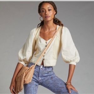 Anthropologie Let Me Be Puff-Sleeved Sweetheart Button Blouse in Ivory